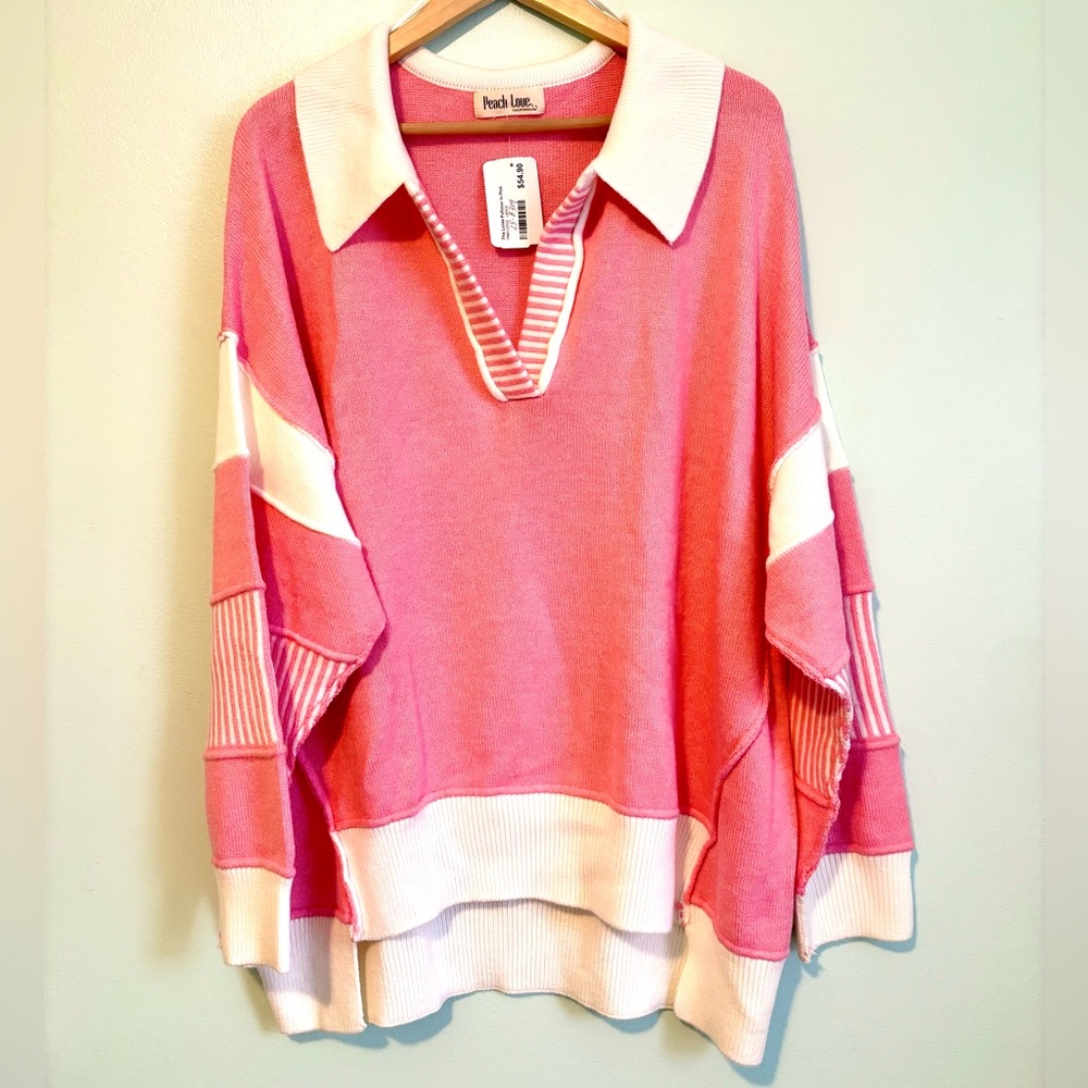 NWT Peach Love California Pink Collared Colorblock Sweater – Size L